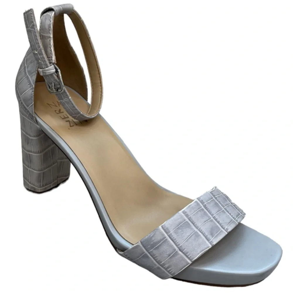 Naturalizer Joy Icy Gray Croc Embossed Leather Ankle Strap Block Heels Size 9.5W
